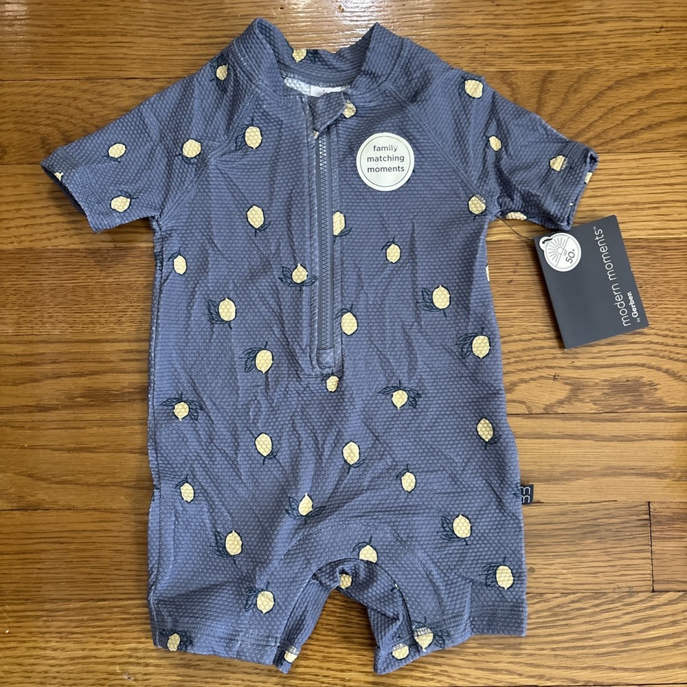 NWT Modern Moments Gerber Blue Lemons Swimsuit Rash Guard 3-6 Months Unisex Zip